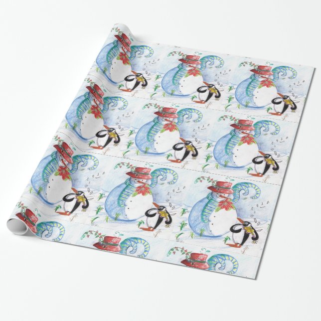 Papier Cadeau CUTE SNOWMAN & PENGUIN'S HITER SERENADE Noël (Déroulé)