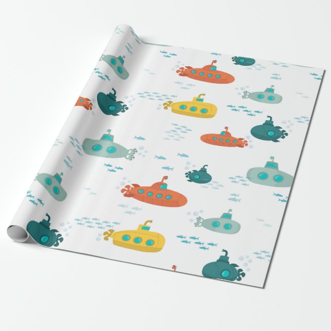 Papier Cadeau Cute Submarine Nautical Deep Sea Fish Pattern (Déroulé)