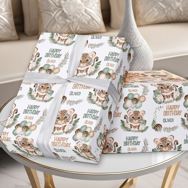 Papier Cadeau Cute Tiger Cub Wild One Boy 1st Bird Nom (Cute Tiger Cub Wild One Boy 1st Birthday Wrapping Paper)