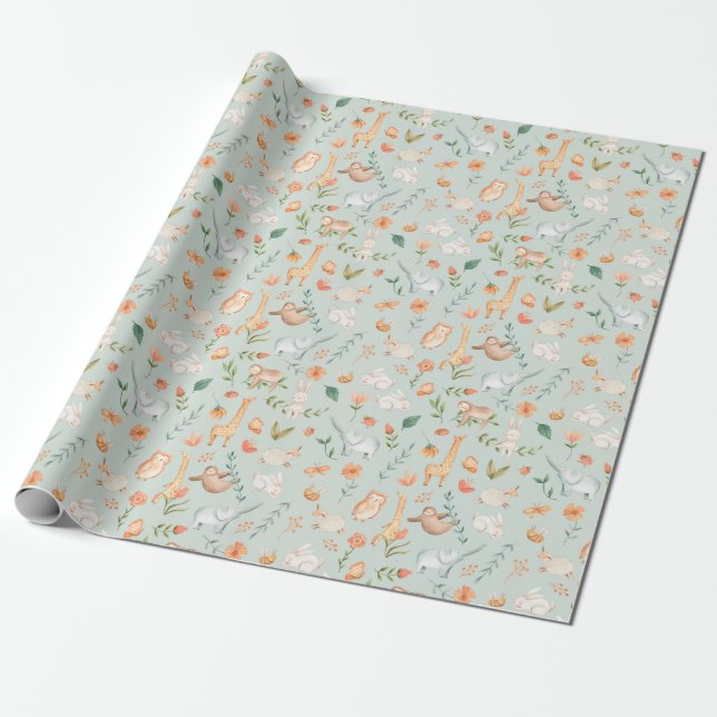 Papier Cadeau Cute Turquoise bébé animal Pastel Motif (Déroulé)