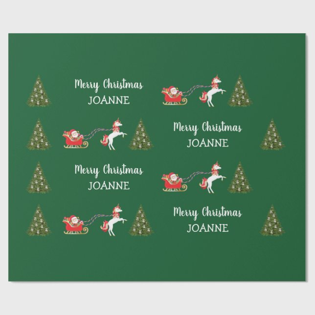 Papier Cadeau Cute Unicorn Père Noël Nom personnalisé Noël (Plat)