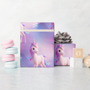 Papier Cadeau Cute Unicorne Blanche Avec Rose & Bleu Mane
