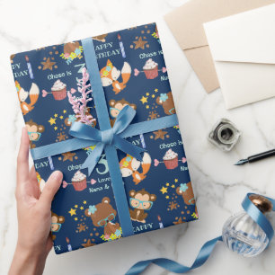 Papier Cadeau Cute Woodland Animaux Blue Kid's Birthday