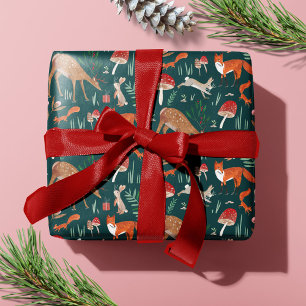 Papier Cadeau Cute Woodland Animaux Green Christmas Forest