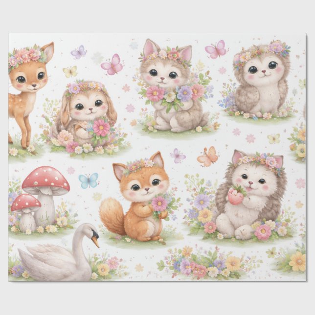 Papier Cadeau Cute Woodland Baby Animals Floral Wrapping Paper (Plat)