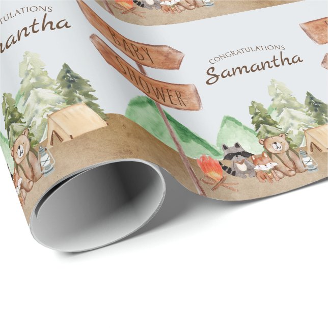 Papier Cadeau Cute Woodland Forest Animaux Camping Baby shower (Coin rond)