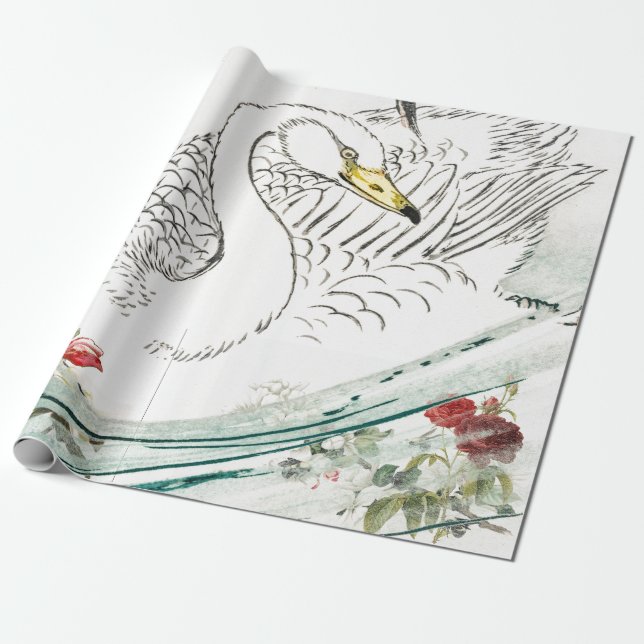 Papier Cadeau CYGNE AVEC le papier d'emballage de FLEURS (Déroulé)