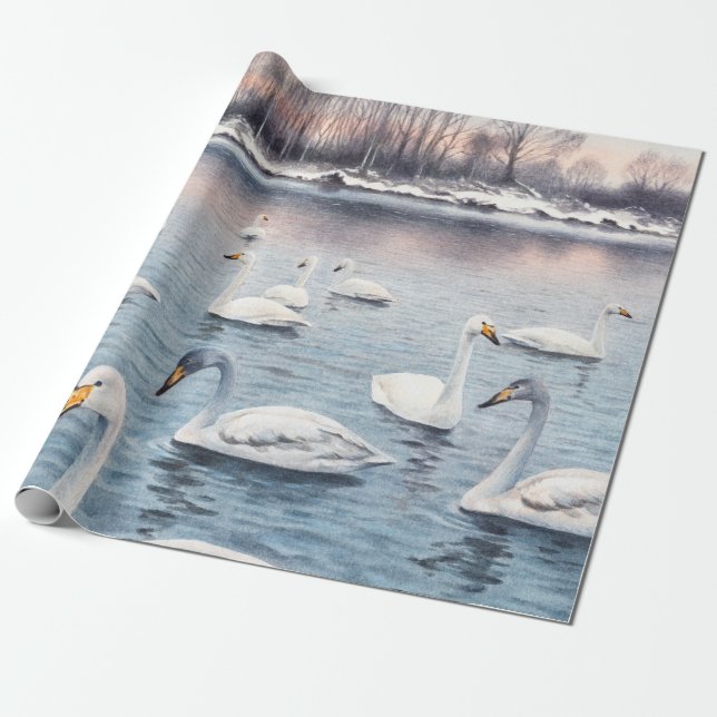 Papier Cadeau Cygne blanc muet sur un lac. Aquarelle (Déroulé)