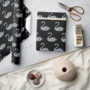 Papier Cadeau Cygne perle bleue élégant sur fond noir