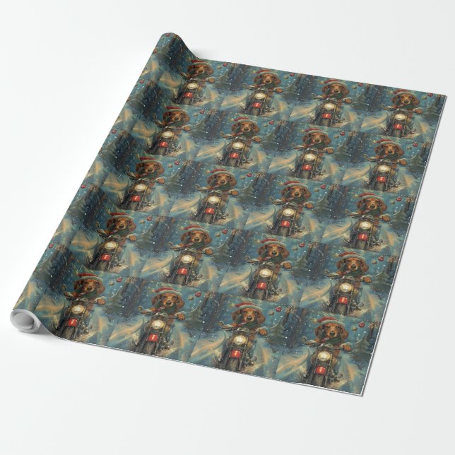 Papier Cadeau Dachshund Chien équitation moto Noël (Déroulé)