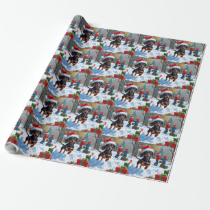 Papier Cadeau Dachshund courant dans la neige avec un chapeau de