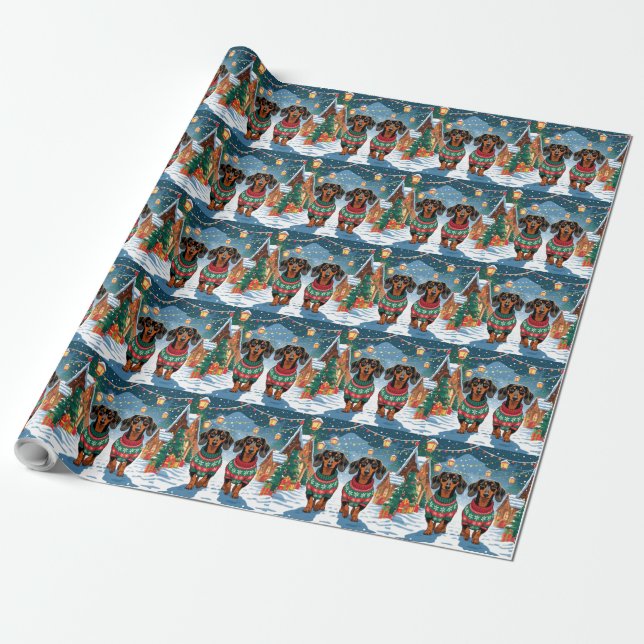 Papier Cadeau Dachshund Dogs Christmas Snow Holiday (Déroulé)