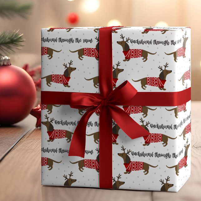 Papier Cadeau Dachshund Drôle À Travers Le Noël De La Neige (Créateur téléchargé)