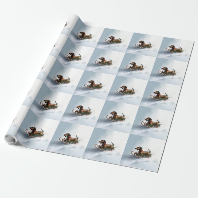 Papier Cadeau Dachshund hiver neige de Noël (Déroulé)