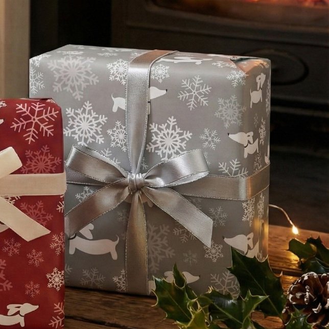 Papier Cadeau Dachshund Snowflakes Argent Noël envelopper cadeau (Créateur téléchargé)