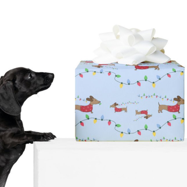 Papier Cadeau Dachshund Vols Arbre de Noël Lumières Cadeau (Dachshund-themed gift wrap for Christmas - great for wiener dog moms or sausage dog dads)