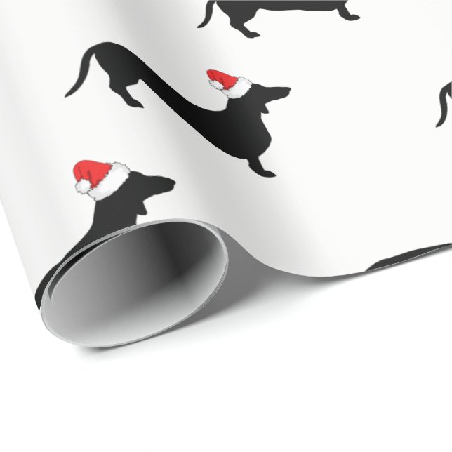 Papier Cadeau Dachshunds de Noël et chapeaux de Noël (Coin rond)