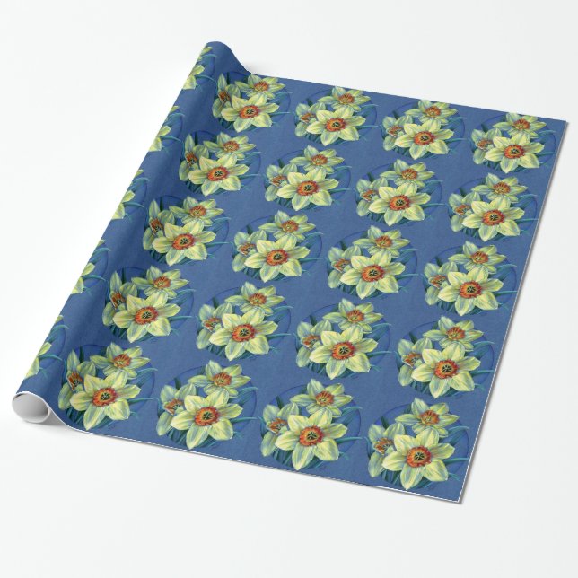 Papier Cadeau Daffodiles fin art bleu emballage jaune (Déroulé)