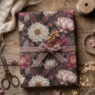 Papier Cadeau Dahlia botanique vintage floral rose et crème