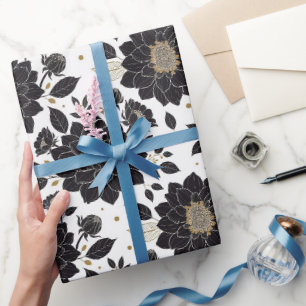 Papier Cadeau Dahlia noir et blanc aux accents dorés