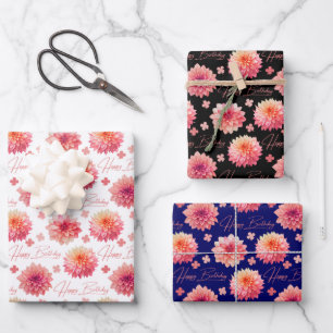 Papier Cadeau Dahlia Rose Élégant Anniversaire Feuille de Trèfle