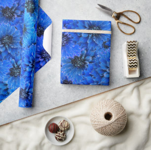 Papier Cadeau Dahlias en bleu royal - design floral,