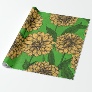 Papier Cadeau Dahlias en jaune et vert