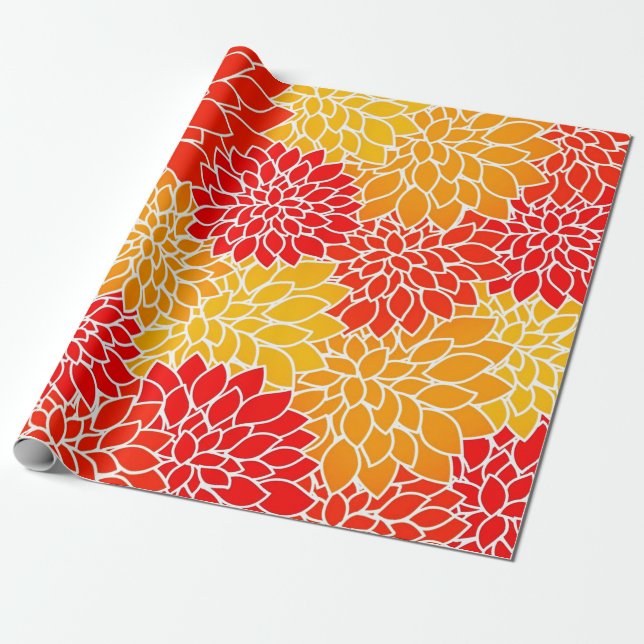 Papier Cadeau dahlias orange et rouge (Déroulé)