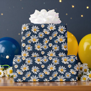Papier Cadeau Daises sur Anniversaire en Denim Bleu