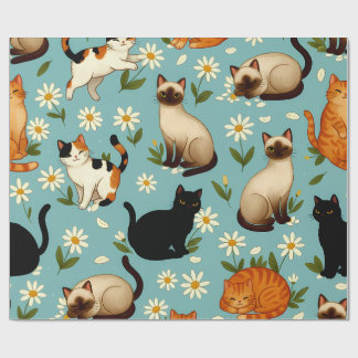 Papier Cadeau Daisy Paws Parade – Playful Cats & Blooms