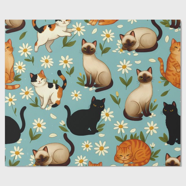 Papier Cadeau Daisy Paws Parade – Playful Cats & Blooms (Plat)