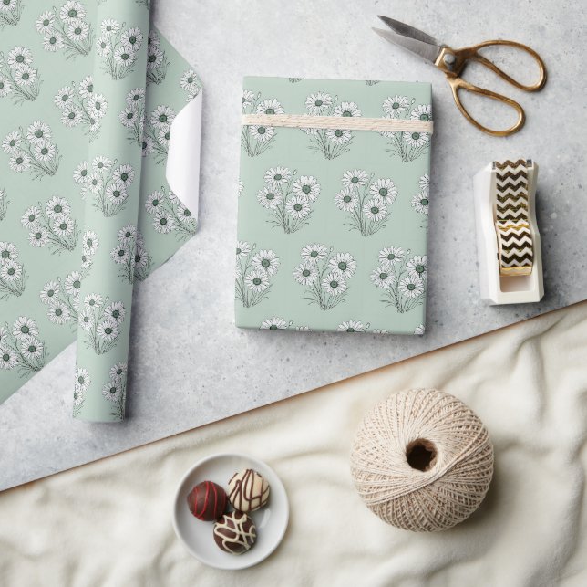 Papier Cadeau Daisy Sketch Sur Sage Green (Artisanat)