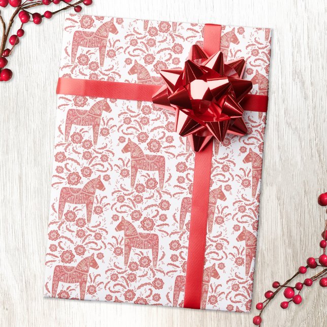 Papier Cadeau Dala suédois Cheval Rouge et Blanc Art populaire (Red and white Swedish Dala Horse pattern gift wrapping paper )