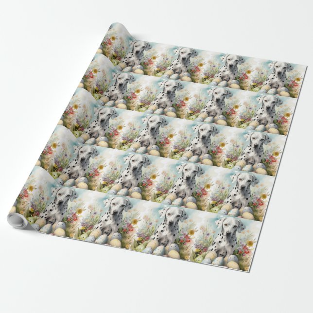 Papier Cadeau Dalmatien avec oeufs de Pâques (Déroulé)