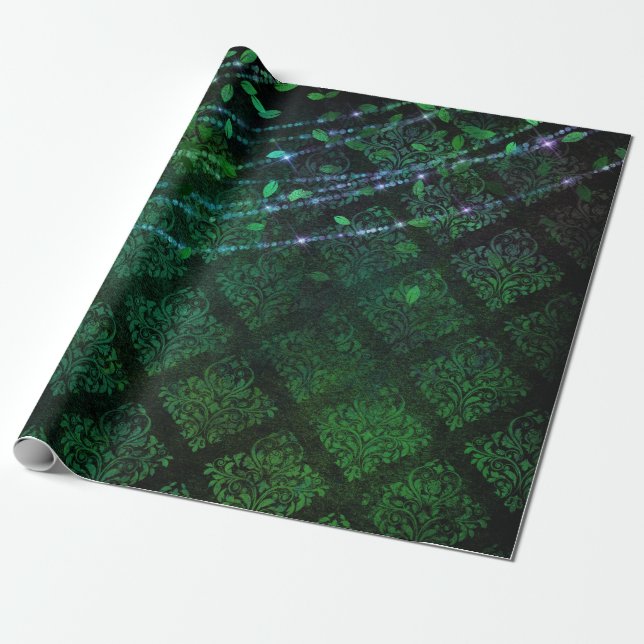 Papier Cadeau Damas, Feuilles et lumières vertes (Déroulé)