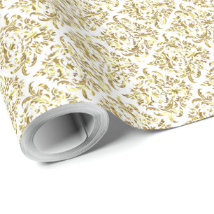 Papier Cadeau Damas Florales Blanches Et Métalliques brillantes