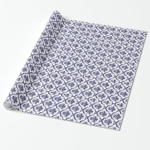 Papier Cadeau Damas Florales Blancs Et Bleus 4 Motifs