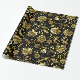 Papier Cadeau Damas Florales Noir Et Métallique