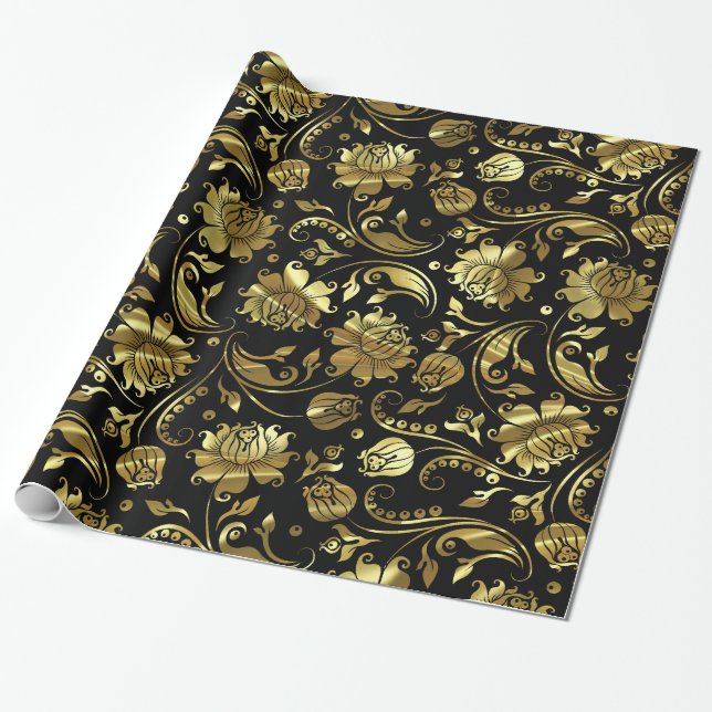 Papier Cadeau Damas Florales Noir Et Métallique (Déroulé)