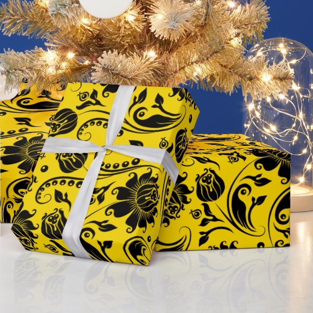 Papier Cadeau Damas Florales Noires Sur Jaune (Vacances)
