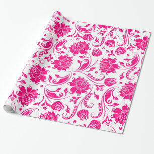 Papier Cadeau Damas Florales Roses Et Blanches Chaudes