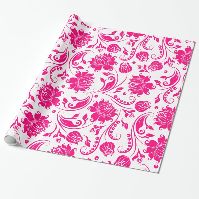 Papier Cadeau Damas Florales Roses Et Blanches Chaudes (Déroulé)