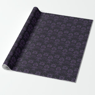 Papier Cadeau Damas florales violettes foncées sur noir
