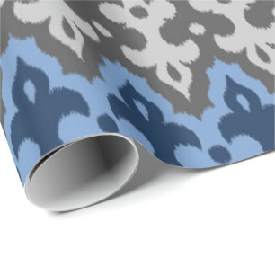Papier Cadeau Damas Ikat marocain, bleu et gris / gris