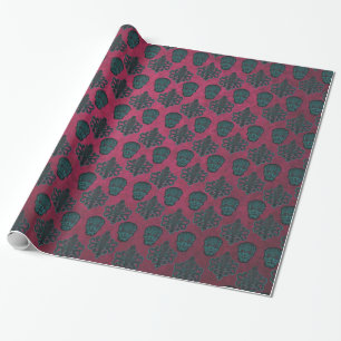 Papier Cadeau Damas turquoises Et Crânes Sur Texturé Hot Rose