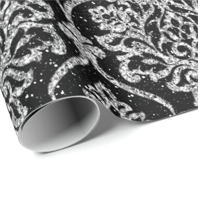 Papier Cadeau Damask Black Royal Grey Parties scintillant en arg (Coin rond)