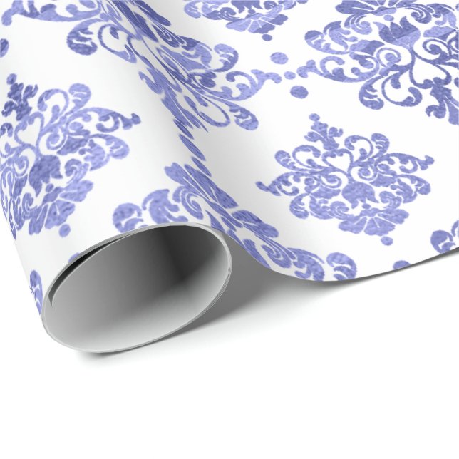 Papier Cadeau Damask Blue Cobalt Indigo Blanc Royal Floral (Coin rond)