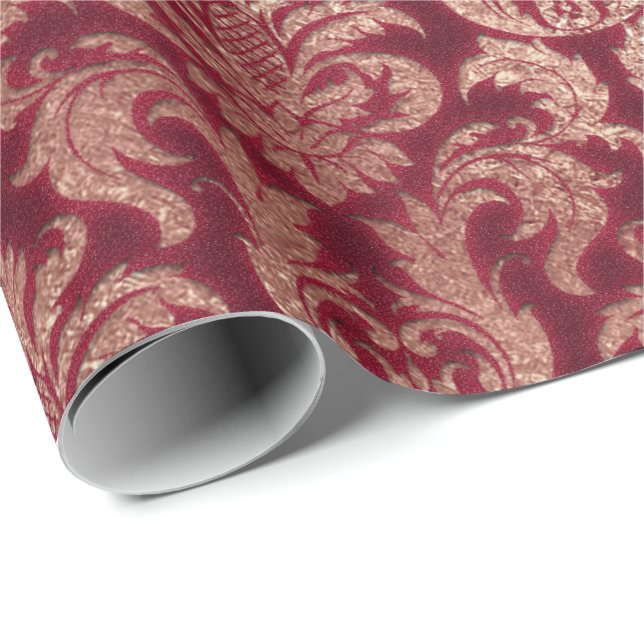 Papier Cadeau Damask Bourgogne Rose Gold Parties scintillant roy (Coin rond)