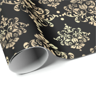 Papier Cadeau Damask Faux Champaigne Black Metallic Royal Floral