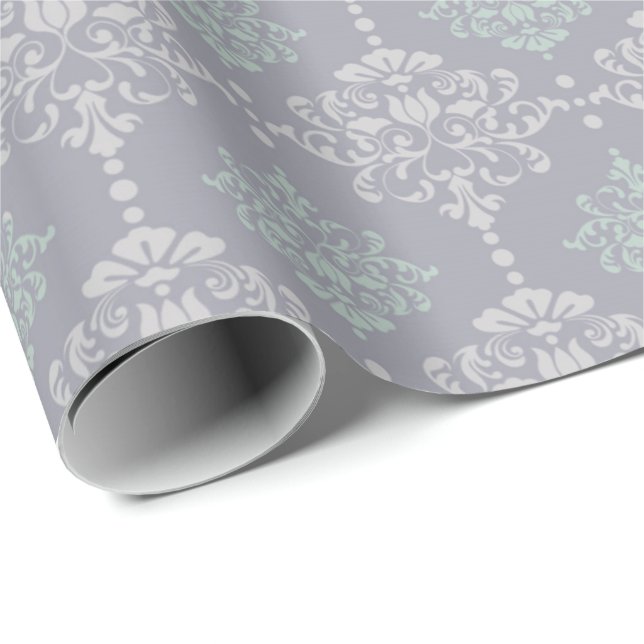 Papier Cadeau Damask Mint Green Pastel Grey Delicé (Coin rond)
